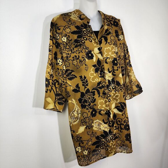 Gloria Lance Womens 2Fer Shirt 2X Brown Black Gold Floral Button Built in Cami - Picture 4 of 9